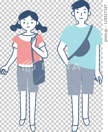 穿著夏裝的年輕男女散步 128927187