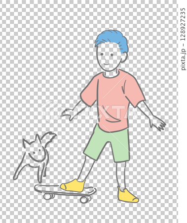 Colored illustration of a boy skateboarding with a puppy playing nearby 128927235