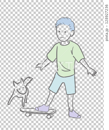 彩色插圖:一個男孩在玩滑板,旁邊有一隻小狗在玩耍 彩色插圖:一個男孩在玩滑板,旁邊有一隻小狗在玩耍 128927236