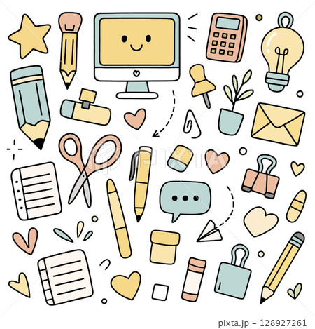 Colorful stationery items, cheerful computer, and office supplies create fun workspace Colorful stationery items, cheerful computer, and office supplies create fun workspace 128927261
