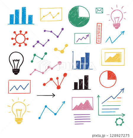 Colorful hand drawn charts, graphs, and icons representing data analysis and ideas Colorful hand drawn charts, graphs, and icons representing data analysis and ideas 128927275