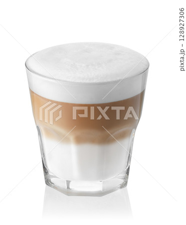 latte or cappuccino with milk foam in transparent glass isolated on white background 128927306