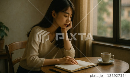 午後の光の中で読書する女性の横顔 128927334
