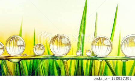 Dew drops reflecting sunlight on blades of grass in spring 128927393
