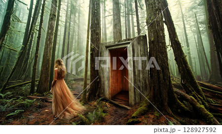 Princess walking towards a mysterious door in an enchanted forest 128927592