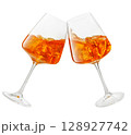 two glasses of cold aperol spritz cocktail clinking isolated on white background 128927742