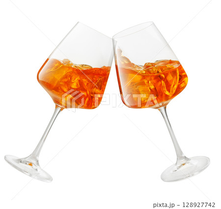 two glasses of cold aperol spritz cocktail clinking isolated on white background 128927742