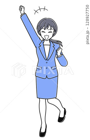 右手を挙げてはしゃぐスーツのOLさん（シンプル） 128927750