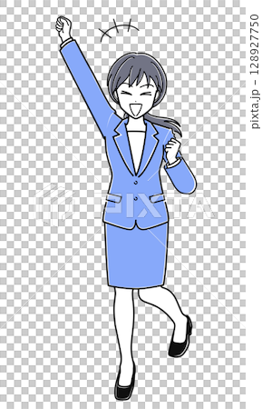 右手を挙げてはしゃぐスーツのOLさん（シンプル） 128927750