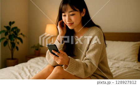 スマホを見ながらくつろぐ若い女性の笑顔 128927812