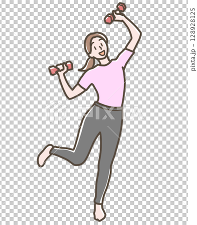 Illustration of a woman happily holding dumbbells Illustration of a woman happily holding dumbbells 128928125