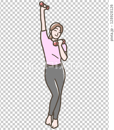 Illustration of a woman happily holding dumbbells 128928126