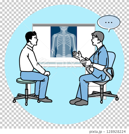 Doctor and patient explaining while looking at X-ray 128928224