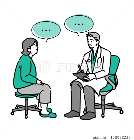 白衣の医師と中年女性の健康相談(背景なし) 白衣の医師と中年女性の健康相談(背景なし) 128928225