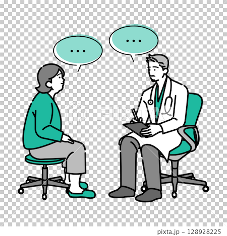 一名穿白大褂的醫生與一名中年婦女之間的健康諮詢(無背景) 一名穿白大褂的醫生與一名中年婦女之間的健康諮詢(無背景) 128928225