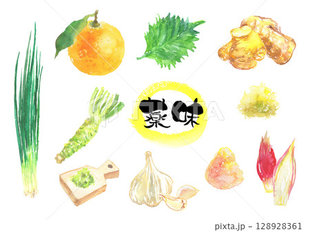 水彩で描いた薬味セット（紫蘇・もみじおろし・しょうが・ねぎ・みょうが・柚子） 128928361