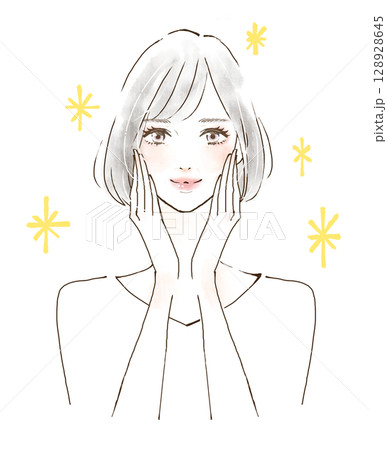 頬に手を当てる女性 笑顔の美魔女 キラキラ 頬に手を当てる女性 笑顔の美魔女 キラキラ 128928645