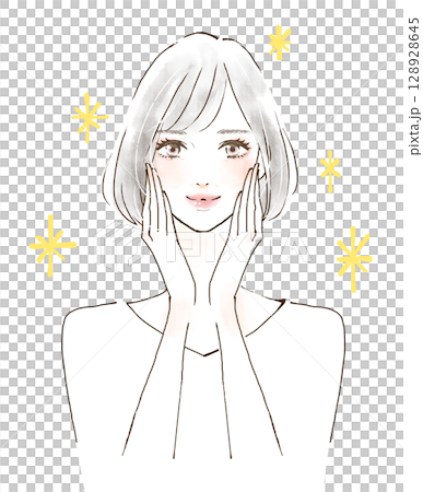 A woman with her hand on her cheek, a beautiful smiling woman, sparkling A woman with her hand on her cheek, a beautiful smiling woman, sparkling 128928645