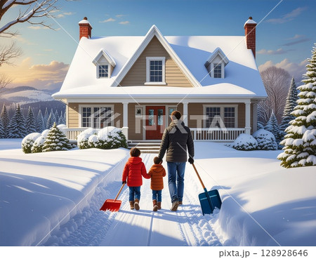 吹雪後、やっと晴れたので家族で雪かきをする 128928646
