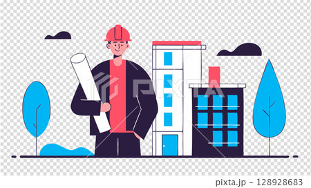 vector illustration of construction worker holding blueprint 128928683