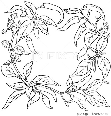 Cayenne Pepper Branch with Fruits Outline Frame. 128928840