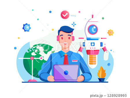 Young Scientist with Laptop and Rocket. Flat Vector Illustration. 128928993