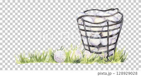 Bucket filled with golf balls on the green grass in watercolor 128929028
