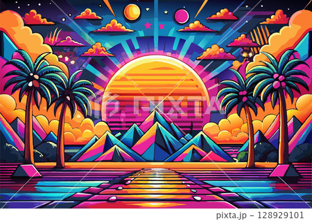 Vibrant Retro Synthwave Landscape with Palm Trees. Vector Illustration. 128929101