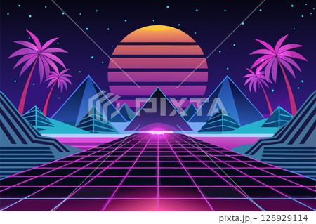 Vector Art of a Digital Retro Cyber Landscape with Palm Trees and a Synthwave Sunset. Vector Illustration. 128929114