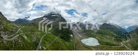 Panoramic view of summer landscape in the Swiss Alps with clear mountain lake and glacier 128929224