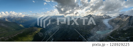 Panoramic view of summer landscape in the Swiss Alps , Furka pass with glacier 128929225