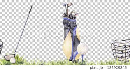 Seamless border with golf gear, clubs, ball, and practice basket on grass 128929246