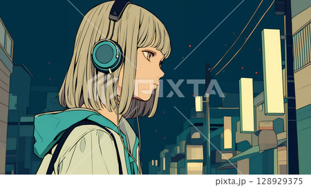 ヘッドホンで音楽を聴く女の子 ヘッドホンで音楽を聴く女の子 128929375