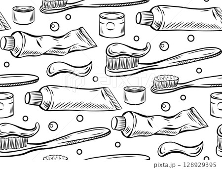 Vector seamless pattern with toothbrushes, bubbles and toothpaste. Texture with contour drawing of dentist tool for wallpaper and wrapping paper. Vector seamless pattern with toothbrushes, bubbles and toothpaste. Texture with contour drawing of dentist tool for wallpaper and wrapping paper. 128929395