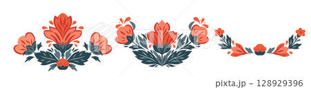 Vector set of frames with decorative flowers. Collection of dividers with stylized red flowers. Floral borders 128929396