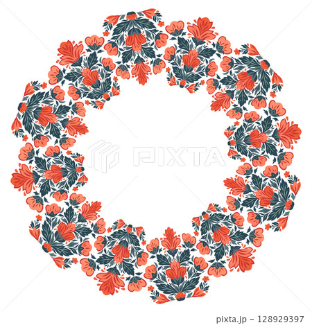 Vector round frame with decorative flowers. Folklore wreath with stylized red flowers. Floral circular border Vector round frame with decorative flowers. Folklore wreath with stylized red flowers. Floral circular border 128929397