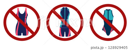 Vector illustration of sport swimsuits crossed out with red prohibition signs. Wear swimsuits in ban. Perfect for summer safety rules, badges. 128929405