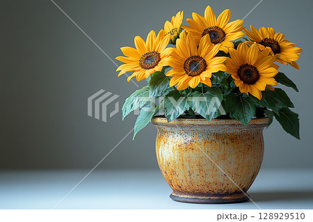Ceramic vase. Close-up. Potted sunflower plant with yellow flowers on a white background. Ceramic vase. Close-up. Potted sunflower plant with yellow flowers on a white background. 128929510