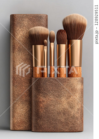 Luxury cosmetics. Set of high-end makeup brushes on white background. 128929511