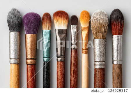 Makeup tutorials or beauty product ads focusing on flawless makeup application. Set of high-end makeup brushes on white background. Makeup tutorials or beauty product ads focusing on flawless makeup application. Set of high-end makeup brushes on white background. 128929517