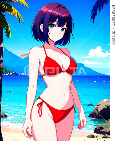 ビーチの赤ビキニ女性のイラスト素材 [128929524] - PIXTA