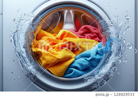 Home cleaning blogs. Colorful clothes folded in the drum of the washing machine visible through the glass door on a white background. 128929533