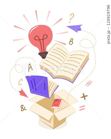 Light Bulb Idea, Book and Paper Plane for Creative Thinking Concept Illustration Clip Art 128929796