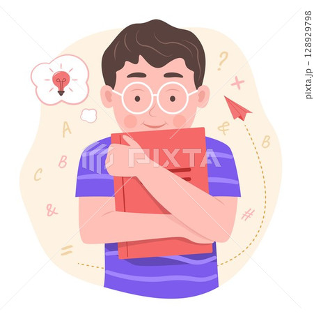 Happy Cute Student Pupil Boy Hugging a Book and Imagine for Reading and Education Concept Illustration Clip Art 128929798