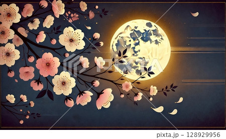 夜空に輝く満月と雅やかな桜の花が調和する和風デザインの幻想的なイラスト背景 128929956