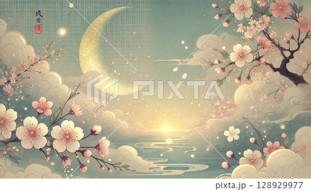 淡い春の空に浮かぶ金色の三日月と満開の桜が幻想的に描かれた和風ファンタジー作品 128929977