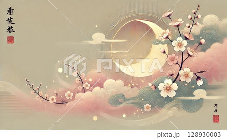 浮世絵風の春景色、淡い雲に包まれた三日月と可憐に咲く桜が彩る幻想的な和風イラスト 128930003