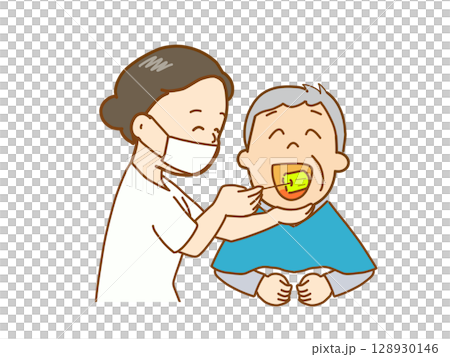 介護、口腔内を清潔に保つ、スポンジできれいにする 128930146