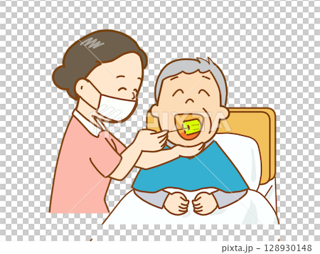 介護、口腔内を清潔に保つ、スポンジできれいにする 128930148