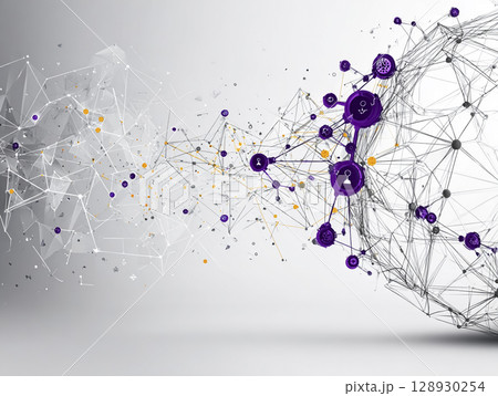 無数のパーティクルが紐でつながって浮遊している抽象的な背景CG素材 128930254